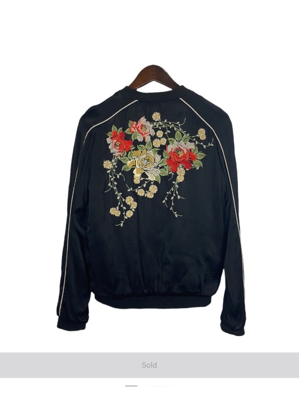 Blank NYC Black Bomber Jacket with Red & Cream Floral Embroidery